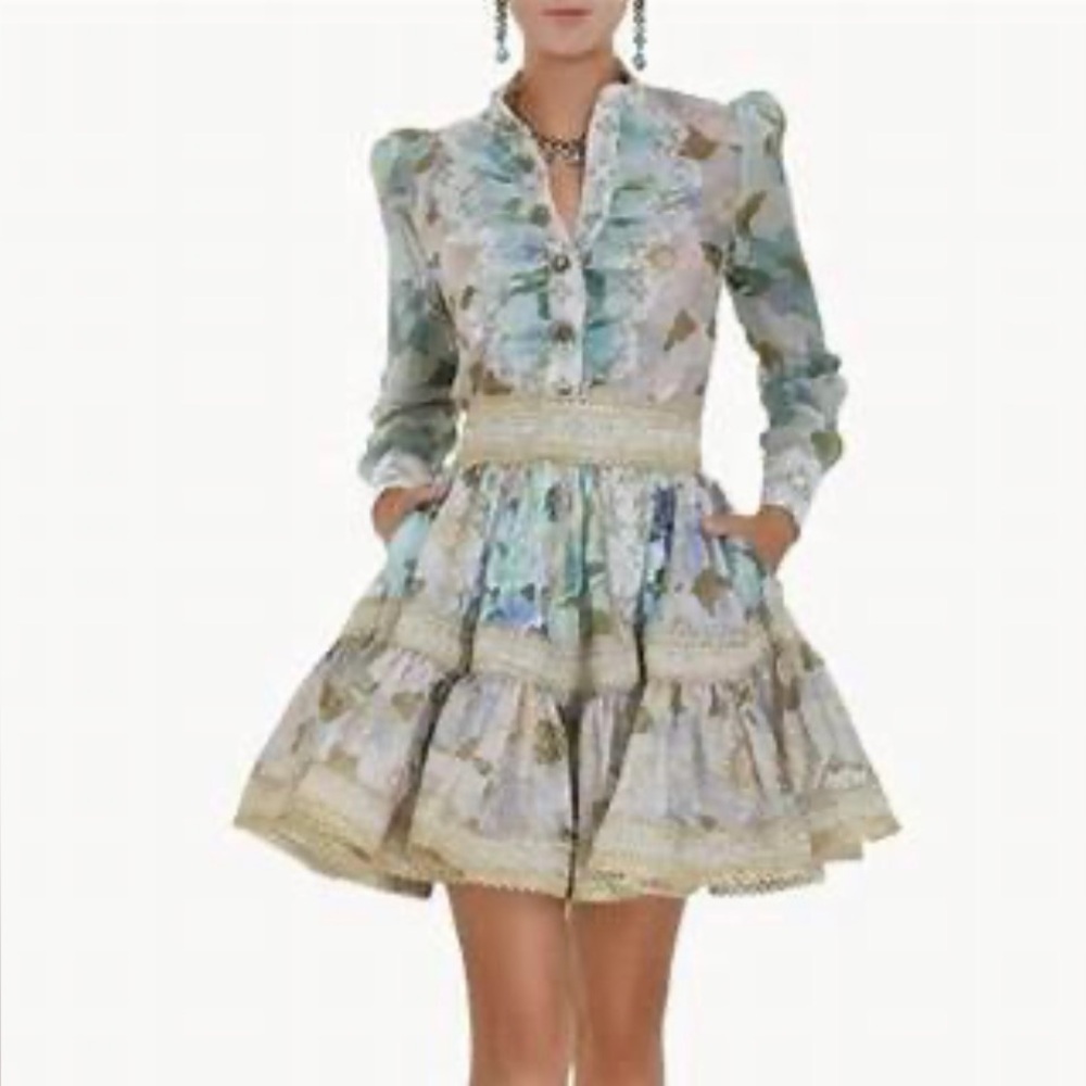 Zimmermann Pastel Floral Ruffle Mini Skirt - Blue, Green, Cream